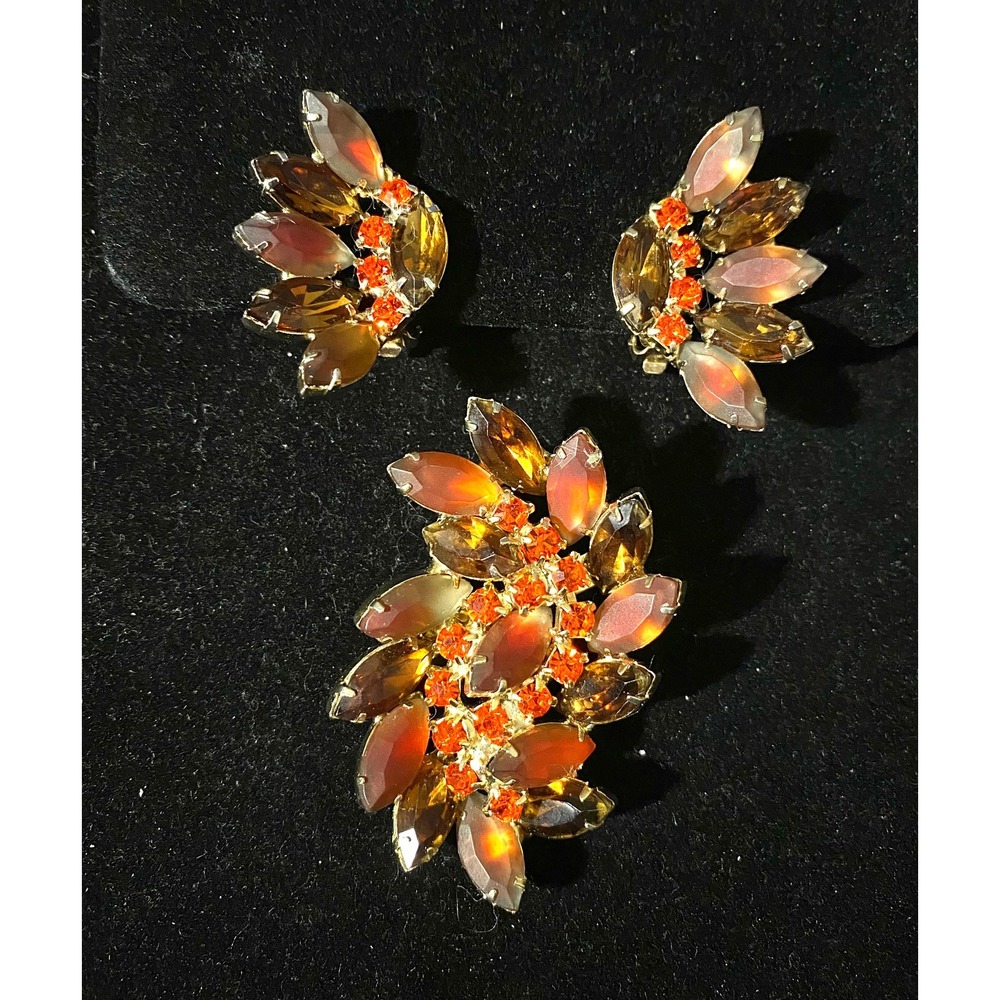 1960's Vintage Rhinestone Pin & Earrings Set Orange Amber